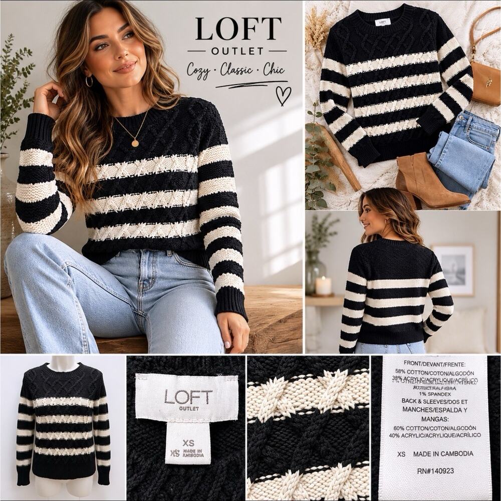 LOFT Outlet Sweater XS Black White Striped Cable Knit Crewneck Pullover